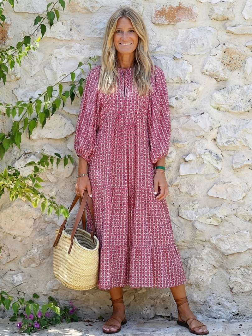 Arlette relaxed-fit geometric print long sleeve midi dress with pockets