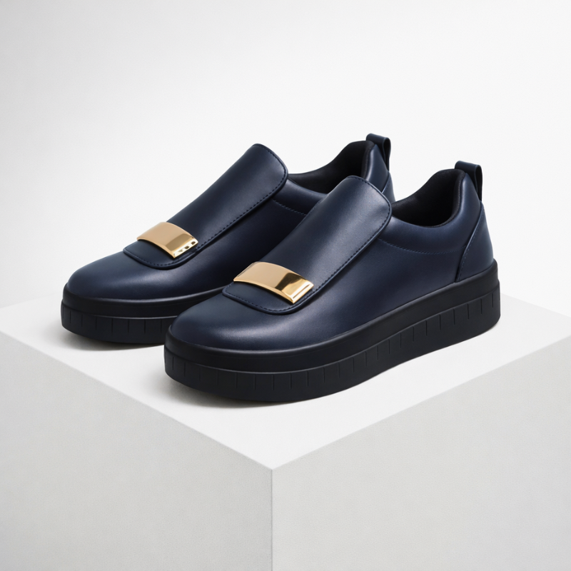 Cushioned platform slip-on shoes shown in green, white and black