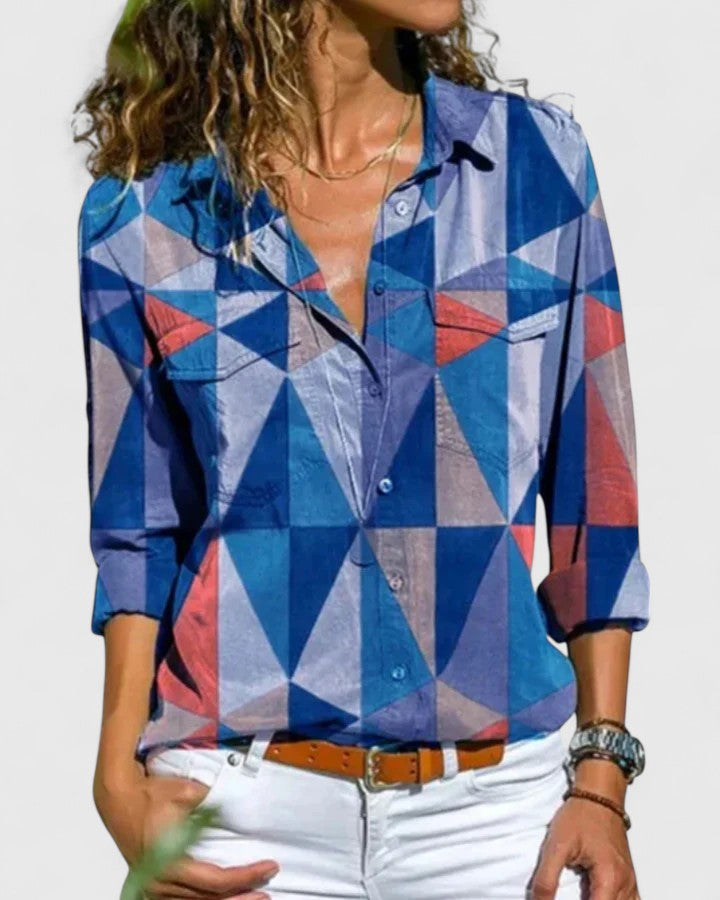 Nadienne elegant blouse shown in sky blue, orange, blue and grey colour options