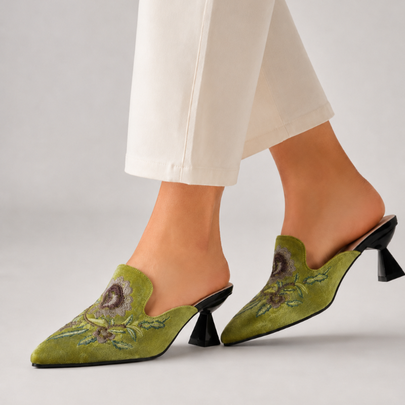 Embroidered velvet pointed-toe mules with floral detail and low flared heel