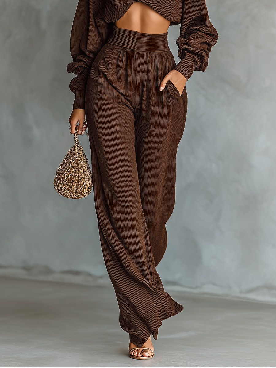 Una coffee-coloured short top and wide-leg trouser matching co-ord set