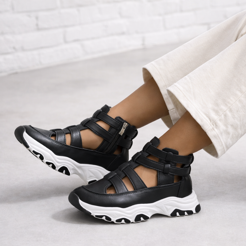 Jade sneaker-inspired closed-toe platform sandals with cushioned sole and zip closure