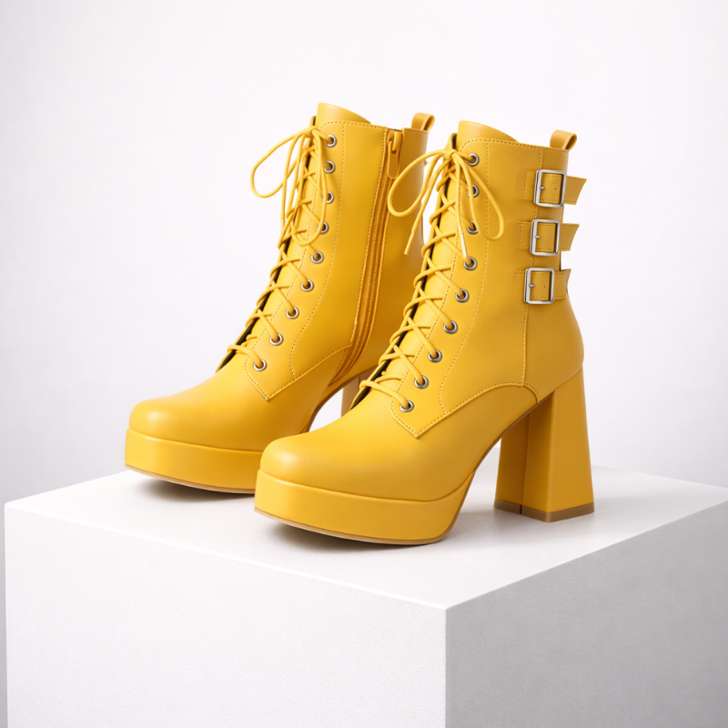 Elvira chunky heel lace-up boots in eco leather with buckle detail and side zipper