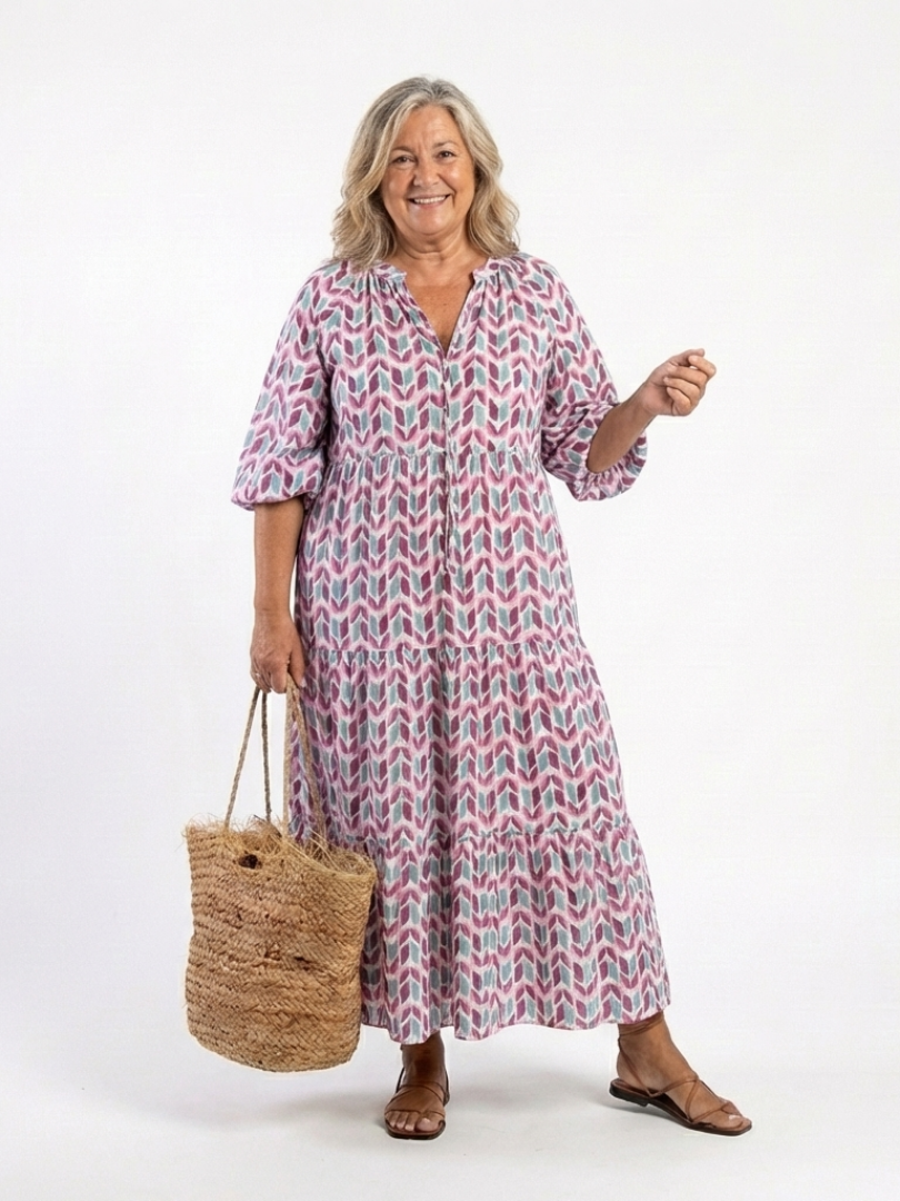 Mireya rose gold geometric print long sleeve tiered midi dress with relaxed silhouette