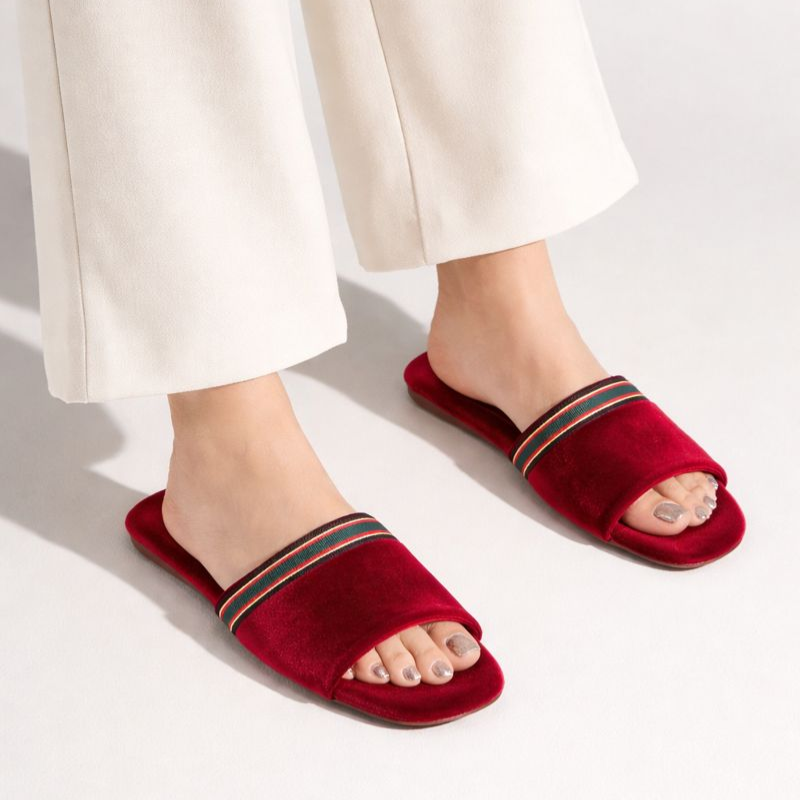 Velvety open-toe slippers with ribbon detailing in red, green and brown