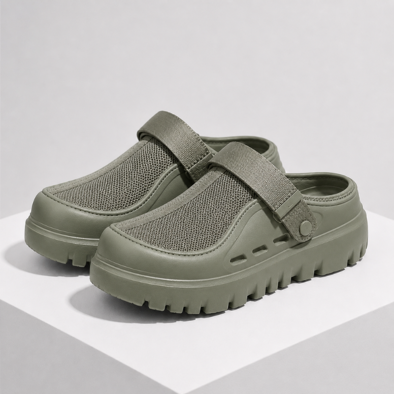 Breathable mesh slip-on sandals with adjustable hook-and-loop back strap