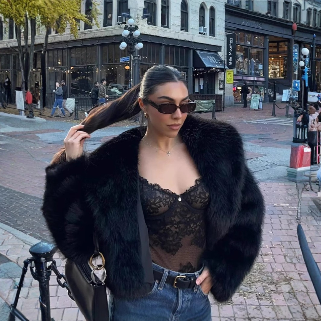 Celestia faux fur loose coat in brown with a relaxed, plush silhouette