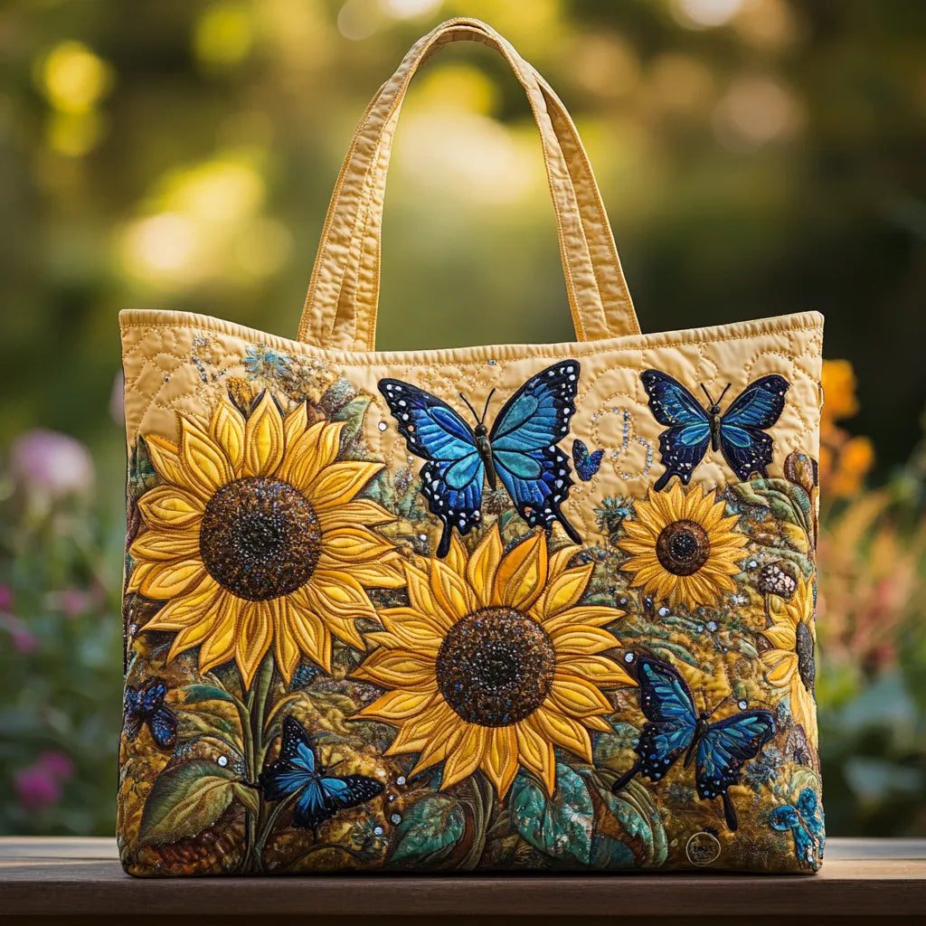 Handmade artisan bag with sunflower and blue butterfly print in two sizes