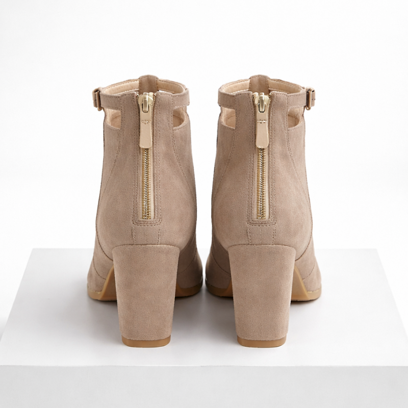Vikky suede block heels with ankle strap and gold-tone buckle in beige and black