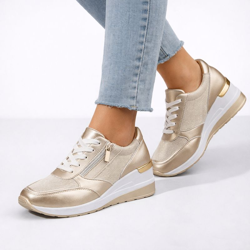 Metallic hidden wedge lace-up sneakers with side zipper in silver, gold and pink