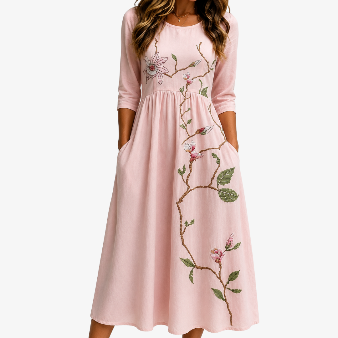 Cass blush floral summer dress with an easy, flattering silhouette and pockets