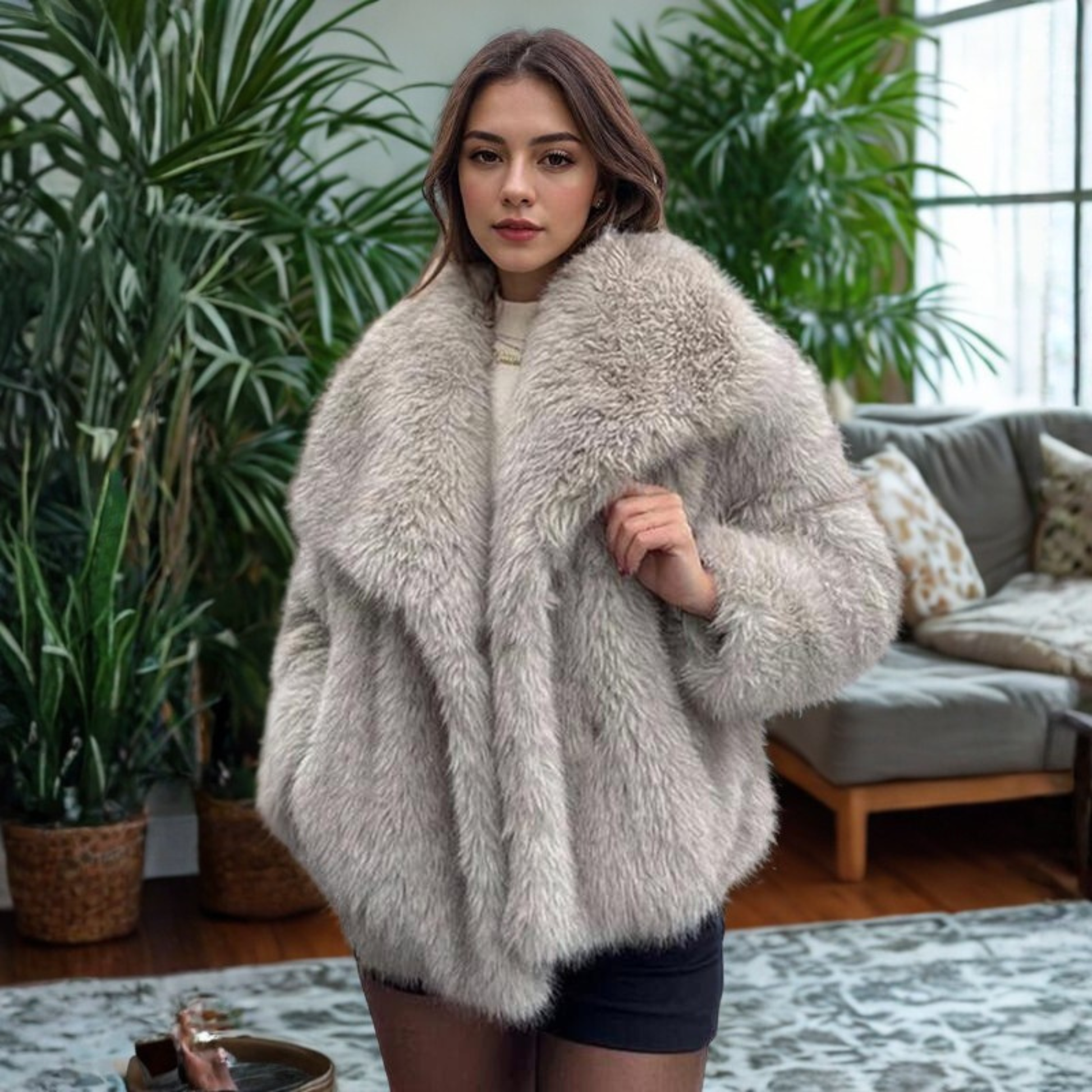 Corrine fuzzy collar coat shown in a tailored cut, available in multiple colours