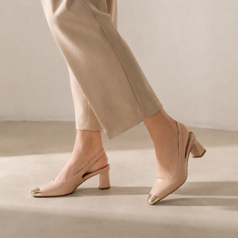 Square toe slingback heels with flared heel and elasticated back strap in white, beige and black