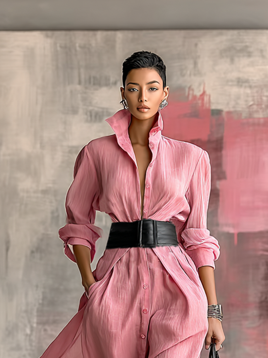 Tilda pink solid colour long dress with a lapel detail and flattering silhouette