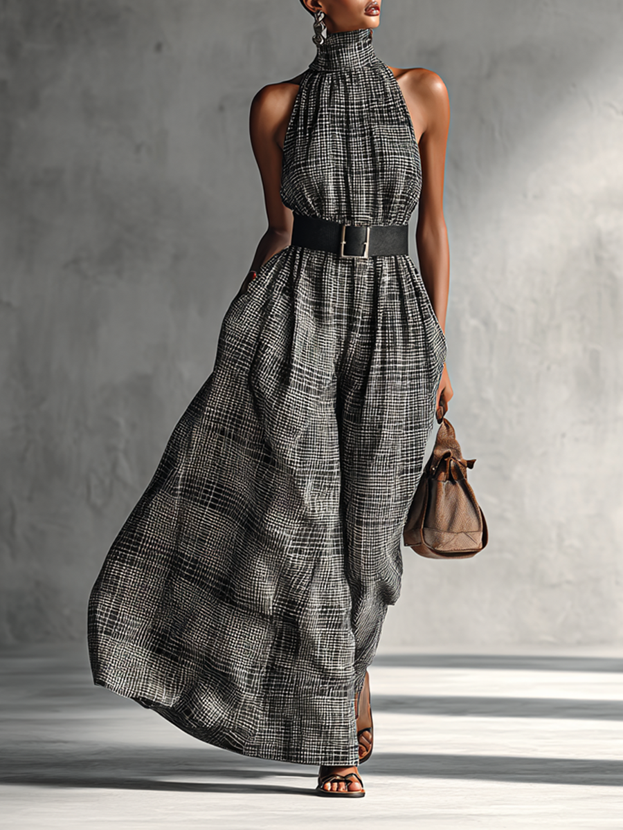 Gray plaid high collar sleeveless top for women, styled for warm-weather days
