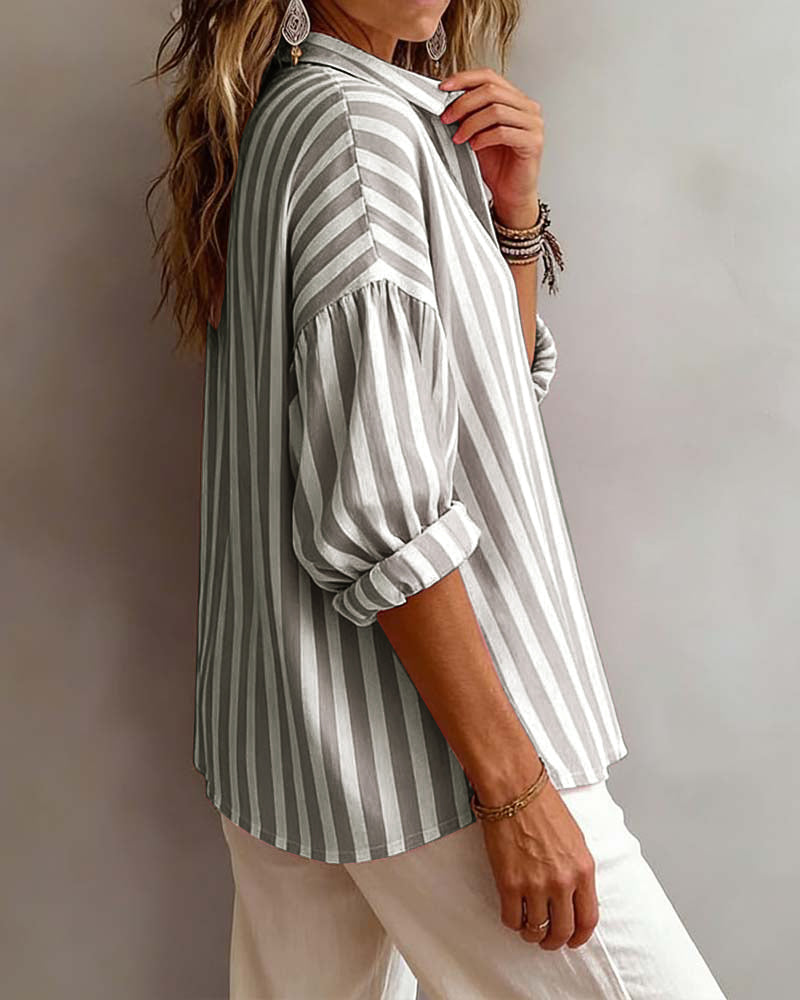 Deborah wide striped collared blouse shown in pink, gray and khaki