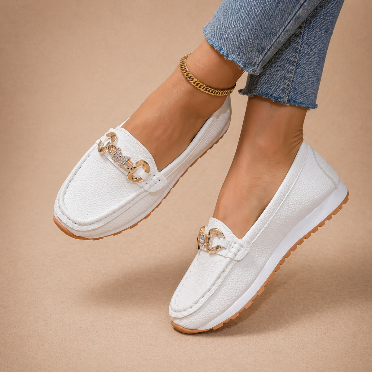 Hannah buckle loafers shown in black, beige and white