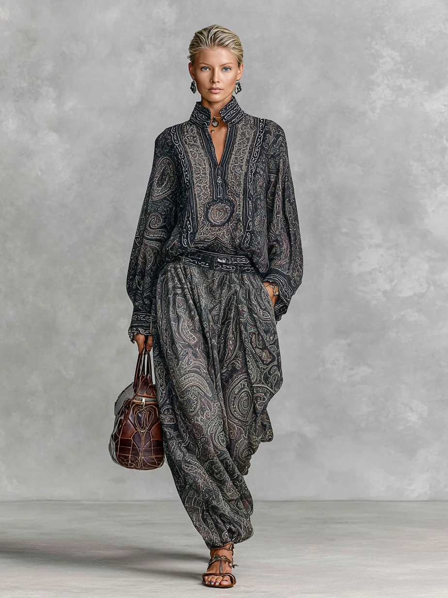 Yasmin vintage paisley print set with stand-up collar in dark gray