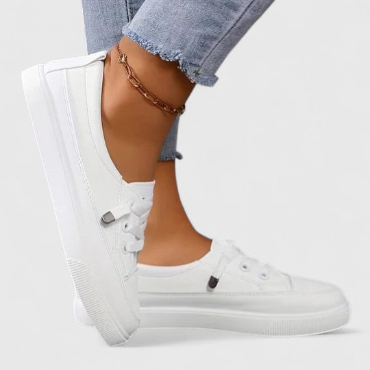 Comfortable slip-on everyday shoes shown in white, black and beige