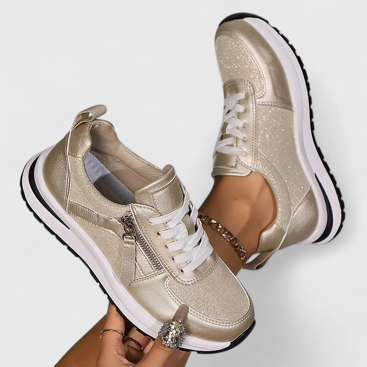 Florayne elegant zip shoes with cushioned sole, shown in silver, gold, black and brown