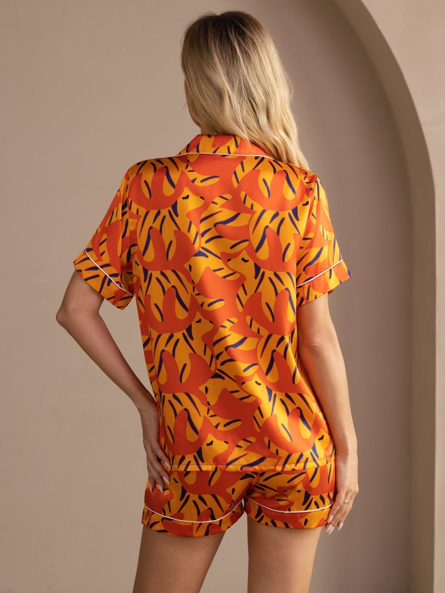 Abigail orange reed print pyjama set in pure mulberry silk