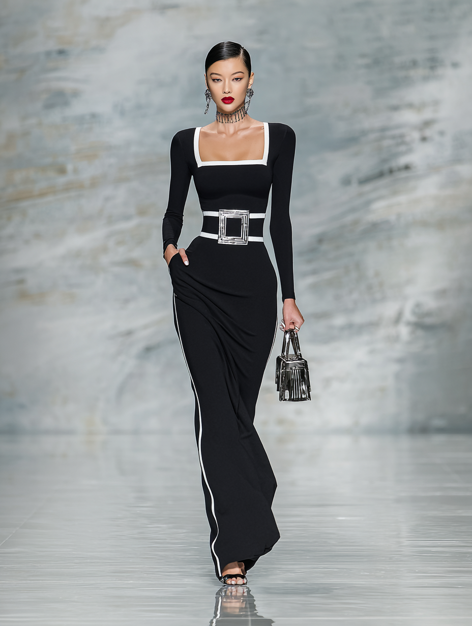 Violet black dress with white trim and square neckline