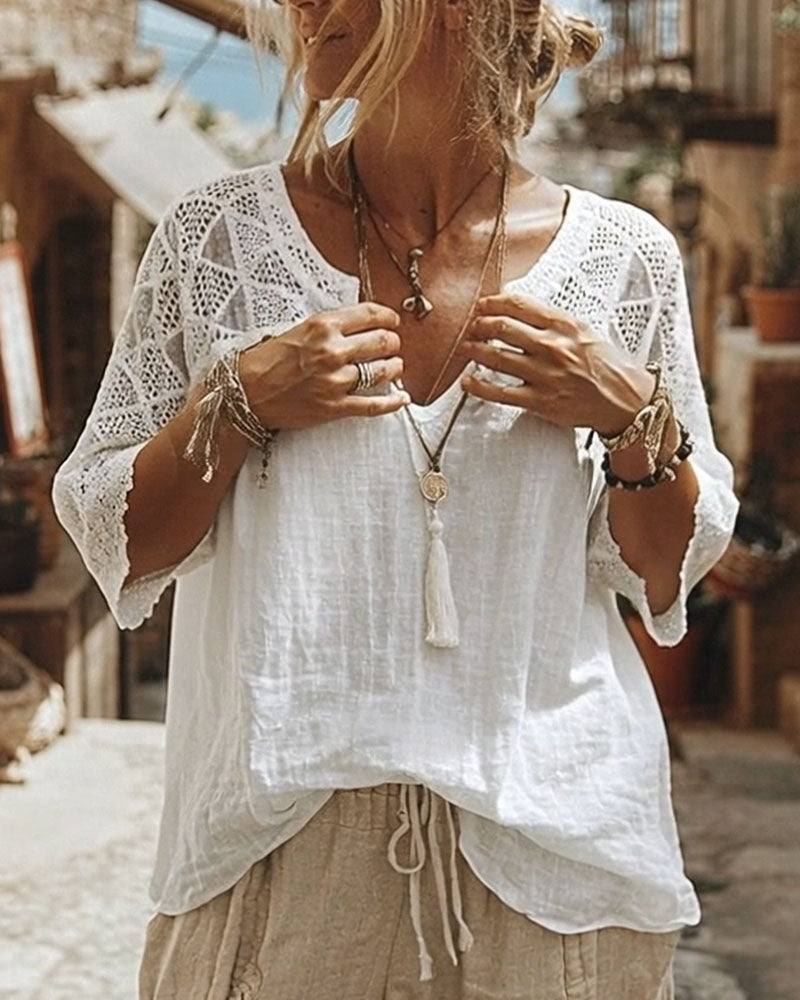 Cynthia v-neck blouse with lace detail, shown in white, blue and pink