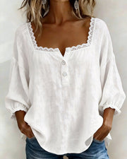 Cheryl lace blouse with puff sleeves shown in white, blue and pink