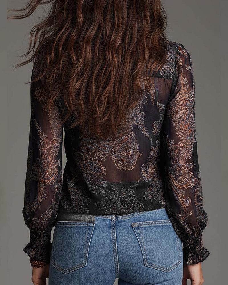 Demi zip-front ruffled retro blouse shown in navy blue, burgundy, black, green and blue