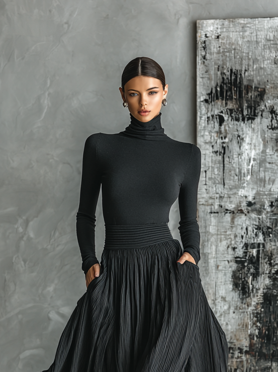 Wren all-black skinny fit dress shown on model, front view