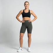 Lena dark grey short sculpting legging shown from front and side