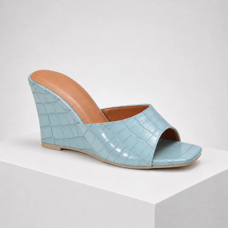 Croc-embossed open-toe wedge sandals with a slip-on style
