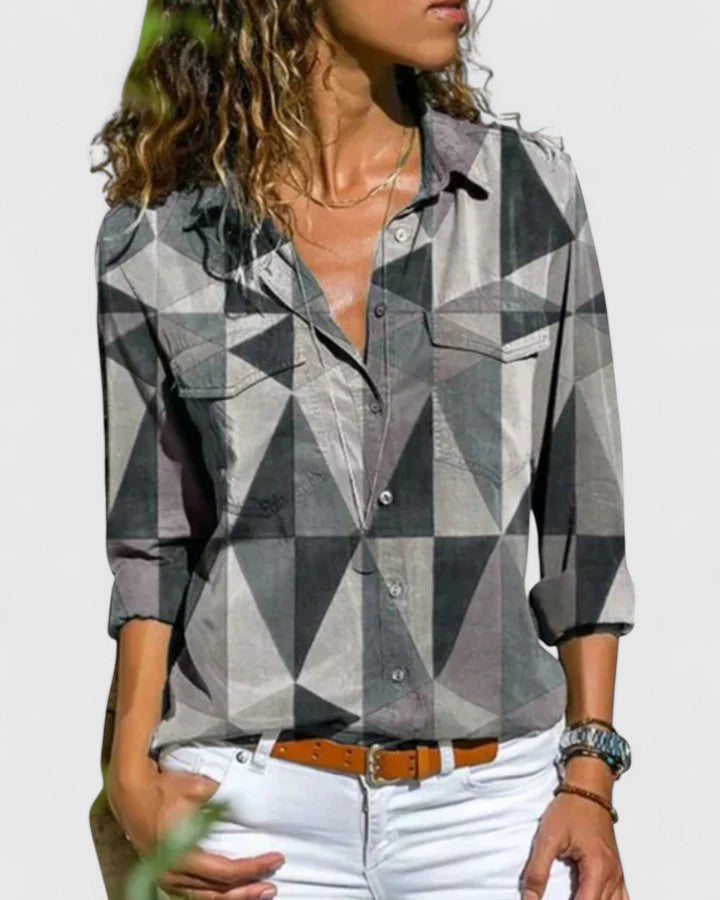 Nadienne elegant blouse shown in sky blue, orange, blue and grey colour options