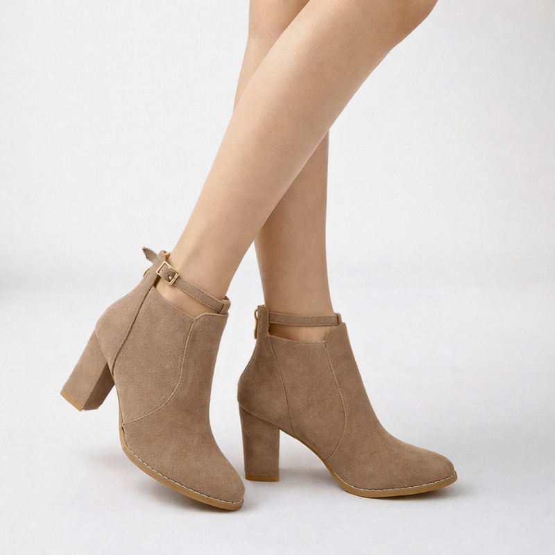 Vikky suede block heels with ankle strap and gold-tone buckle in beige and black