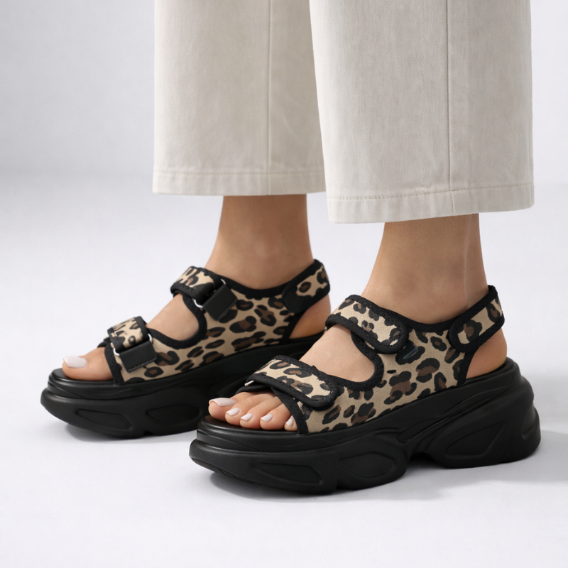 Chunky platform sandals with open toe and adjustable velcro straps in leopard, black and blue