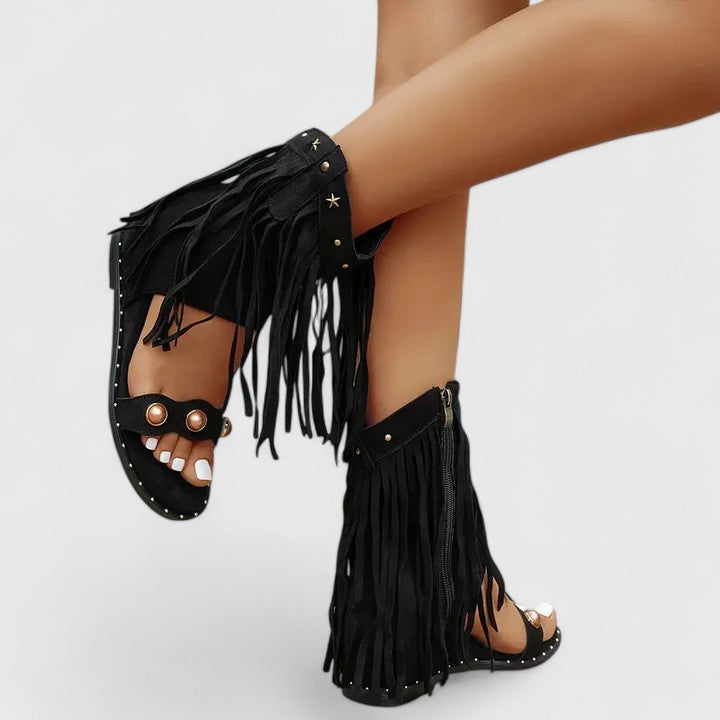 Giselina | Fringed Heeled Sandals with Side Zip