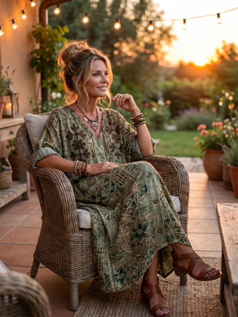 Green button front embroidered oversized pocket midi dress in a relaxed silhouette