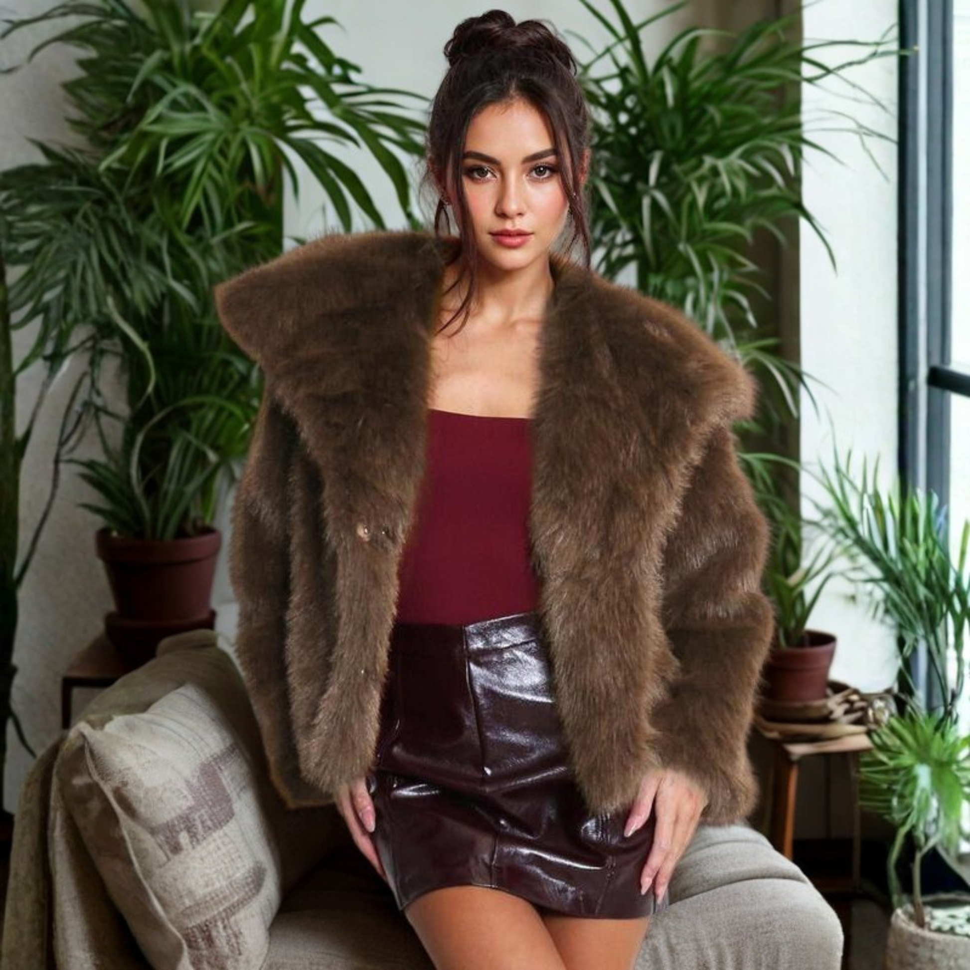 Corrine fuzzy collar coat shown in a tailored cut, available in multiple colours