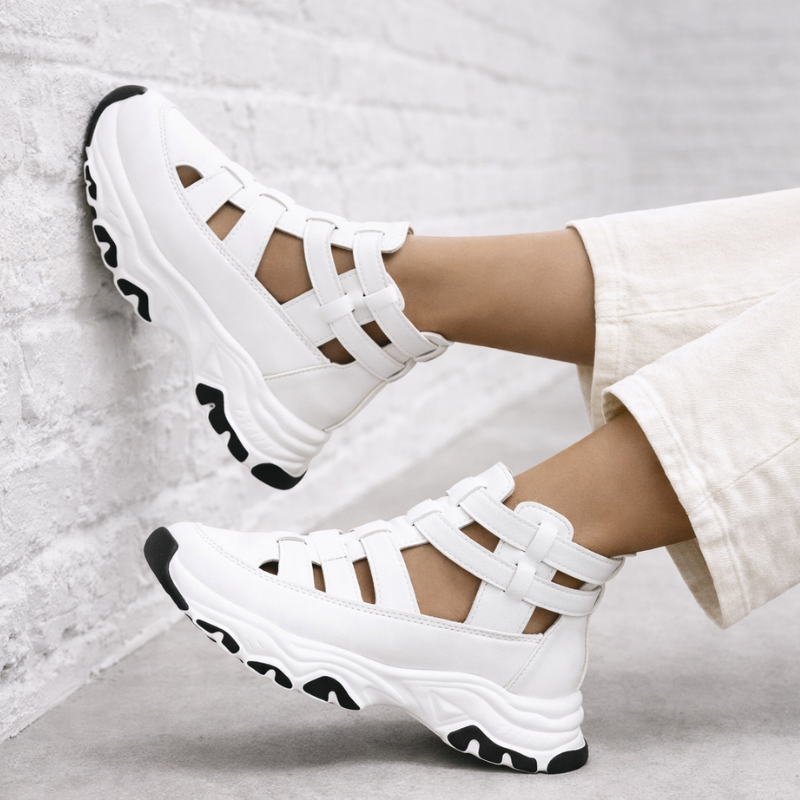 Jade sneaker-inspired closed-toe platform sandals with cushioned sole and zip closure