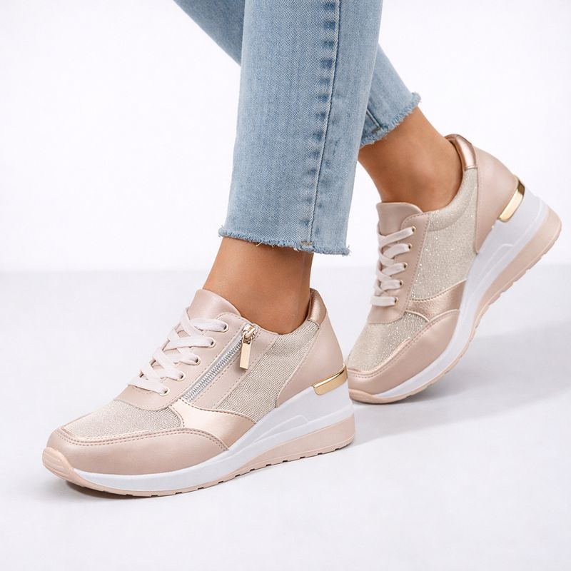 Metallic hidden wedge lace-up sneakers with side zipper in silver, gold and pink