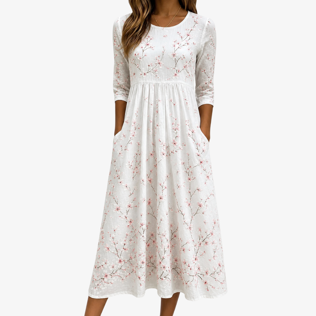 Cara cherry blossom floral summer dress with pockets in a lightweight, flattering fit