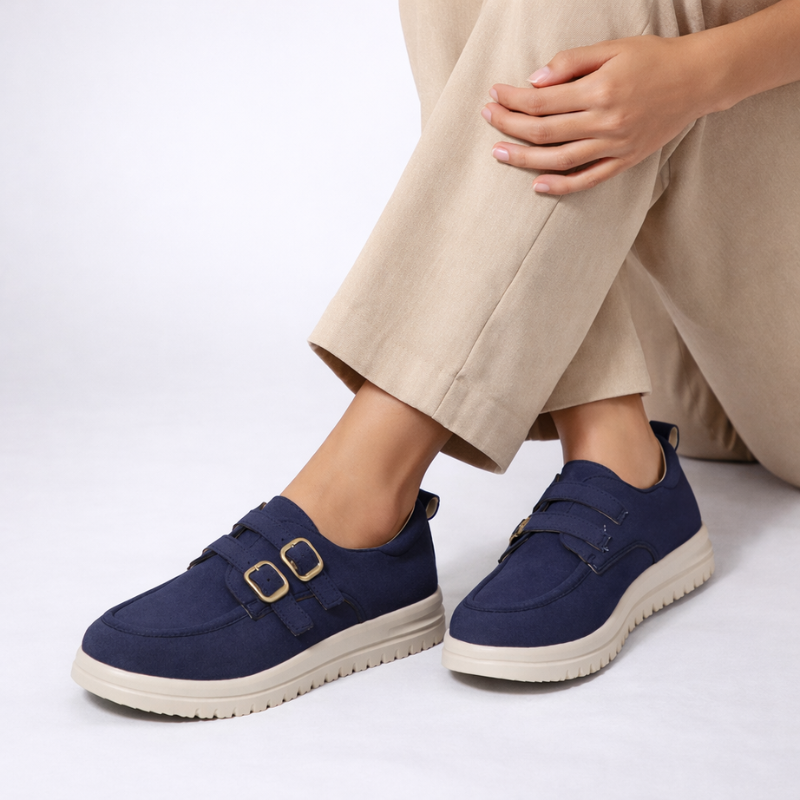 Slip-on platform loafers with double buckle details in camel, beige and blue