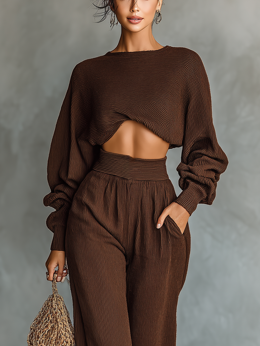 Una coffee-coloured short top and wide-leg trouser matching co-ord set