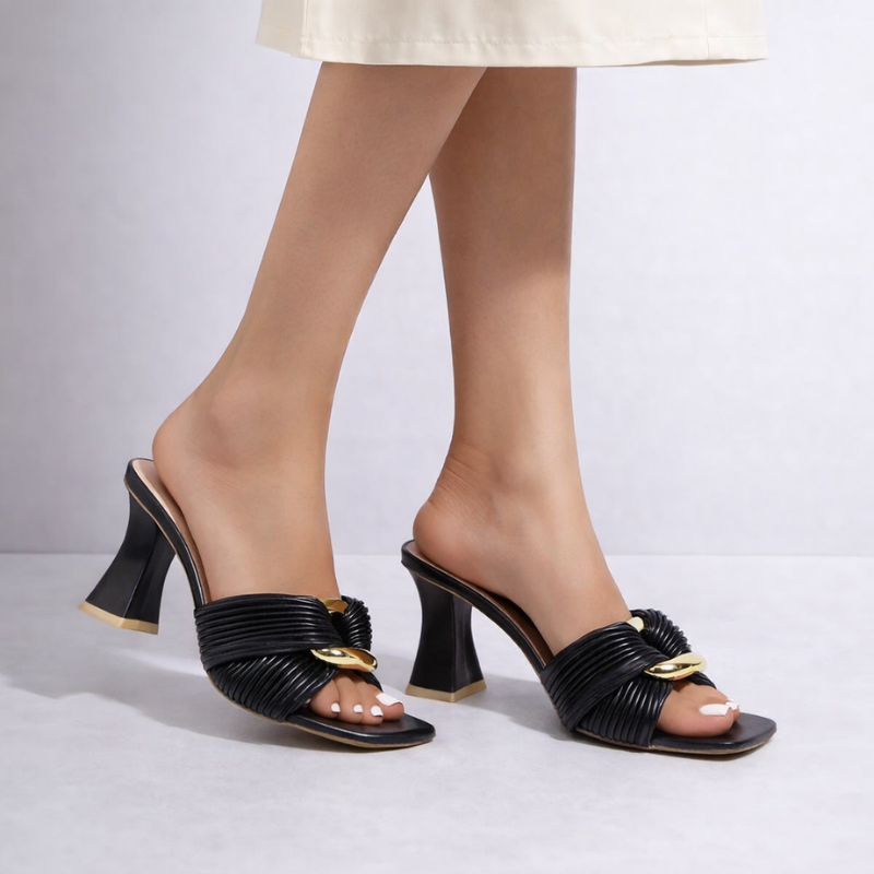 Chunky heel sandals with gold-tone buckle detail and open square toe