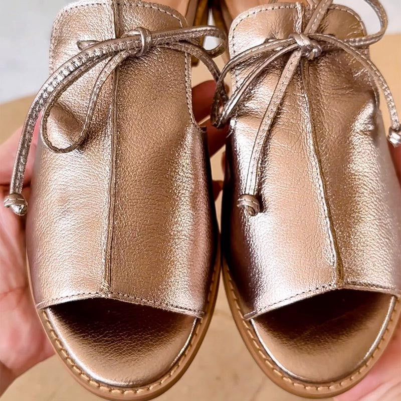 Champagne strap-style sandals for women shown from the side