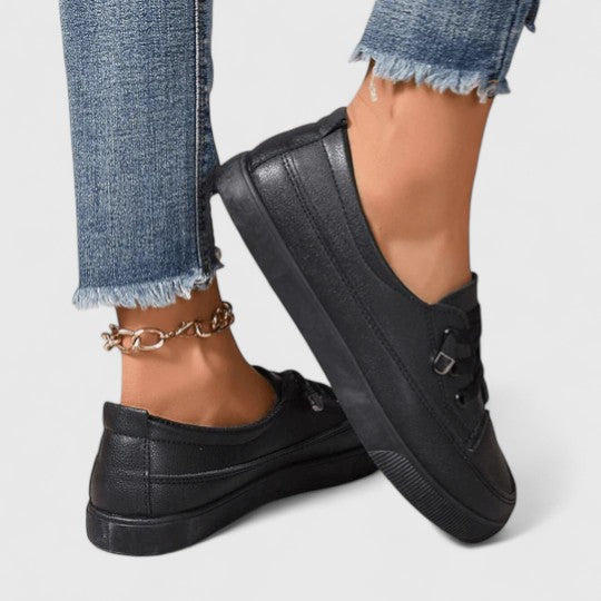 Comfortable slip-on everyday shoes shown in white, black and beige