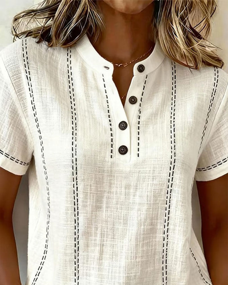 Linda casual button v-neck tee shown in white, blue and pink