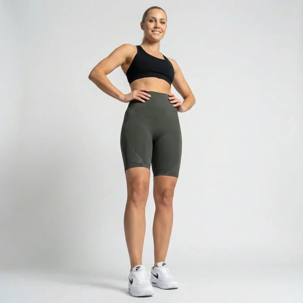 Lena dark grey short sculpting legging shown from front and side