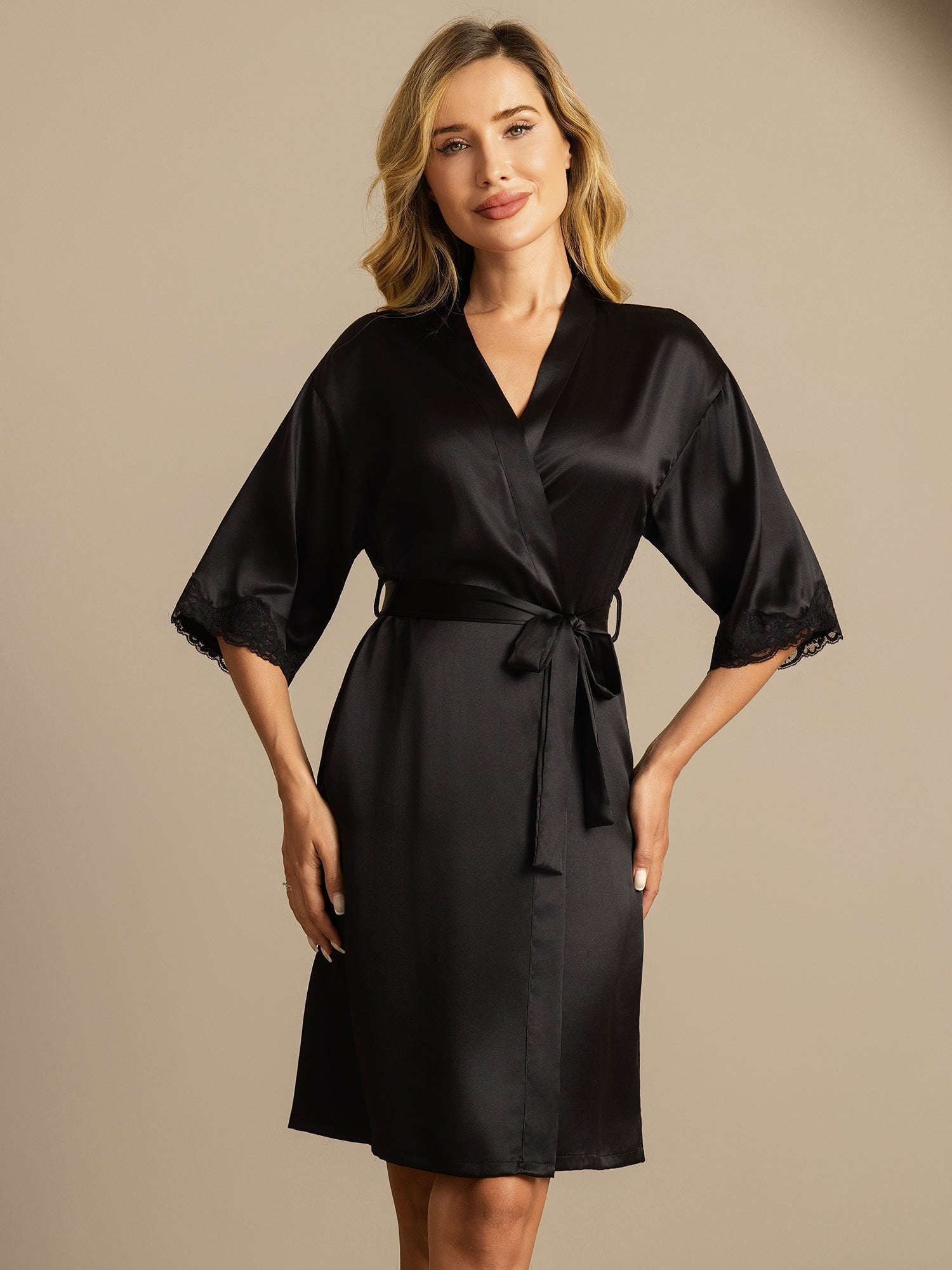 Lola pure mulberry silk dressing gown shown in wine red, black, dark blue and mauve grey