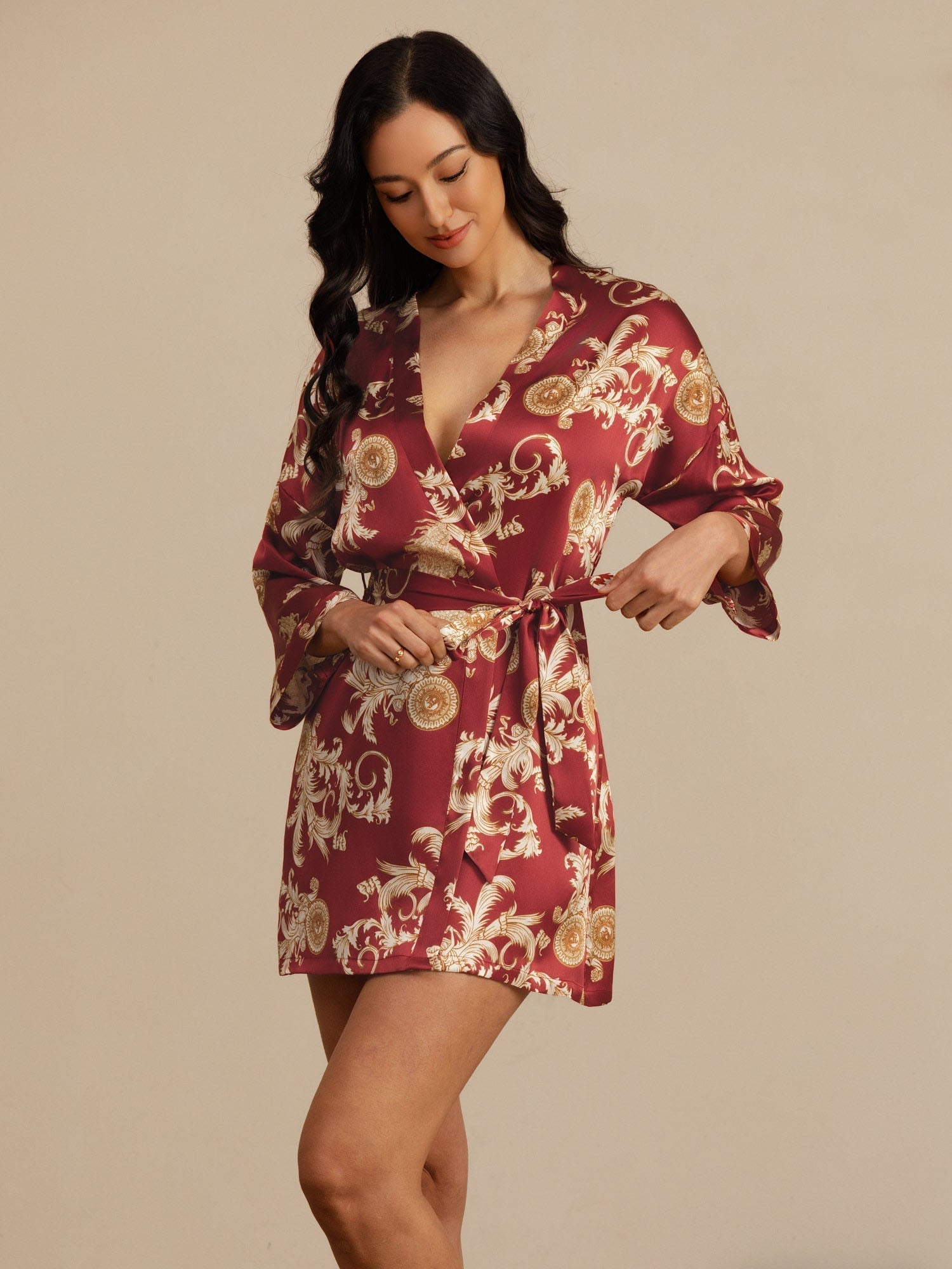 Linda pure mulberry silk kimono robe with dragon print in black, wine and navy
